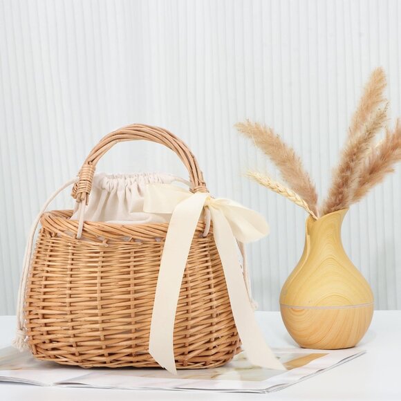 Natural Wicker Handbag Rattan Woven Basket Purse Straw Beach Tote for Women - Picture 5 of 8